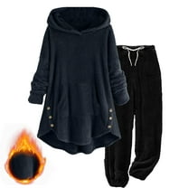 Enjoytime Plus Size Lounge Sets for Women Solid Color Long Sleeve Hoodie Pants Loungewear Casual Loose Warm Two Piece Winter Outfit Black S