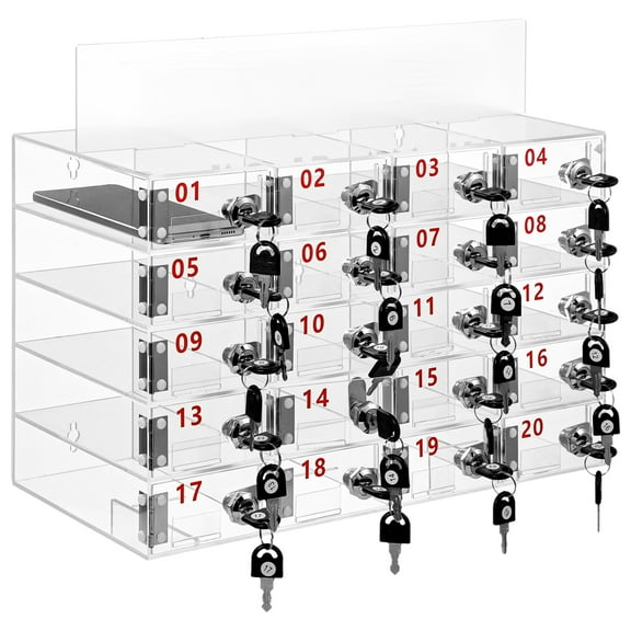 Cell Phone Locker for Classroom, 20 Compartment Cell Phone Lock Box, Acrylic Construction, Secure Individual Locks, Space-Saving Storage, Classroom Phone Organizer