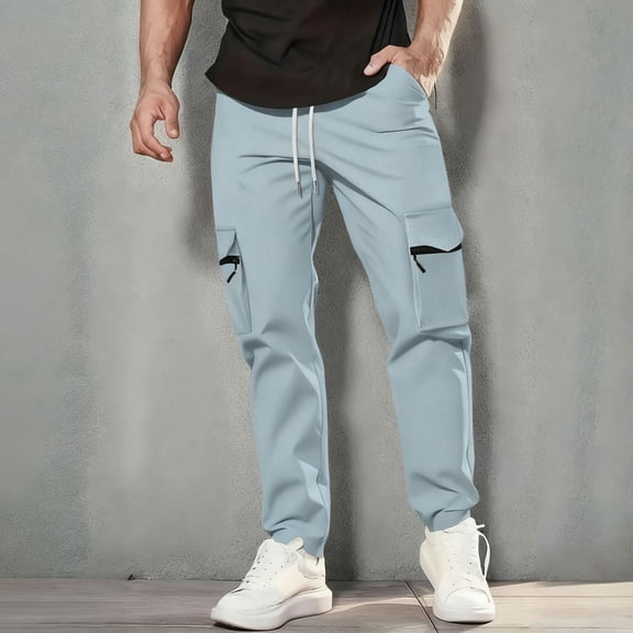 PNTUTB Men's Fashion Casual Solid Color Athletic Outdoor Elastic Waist Drawstring Work Pants with Multiple Pockets