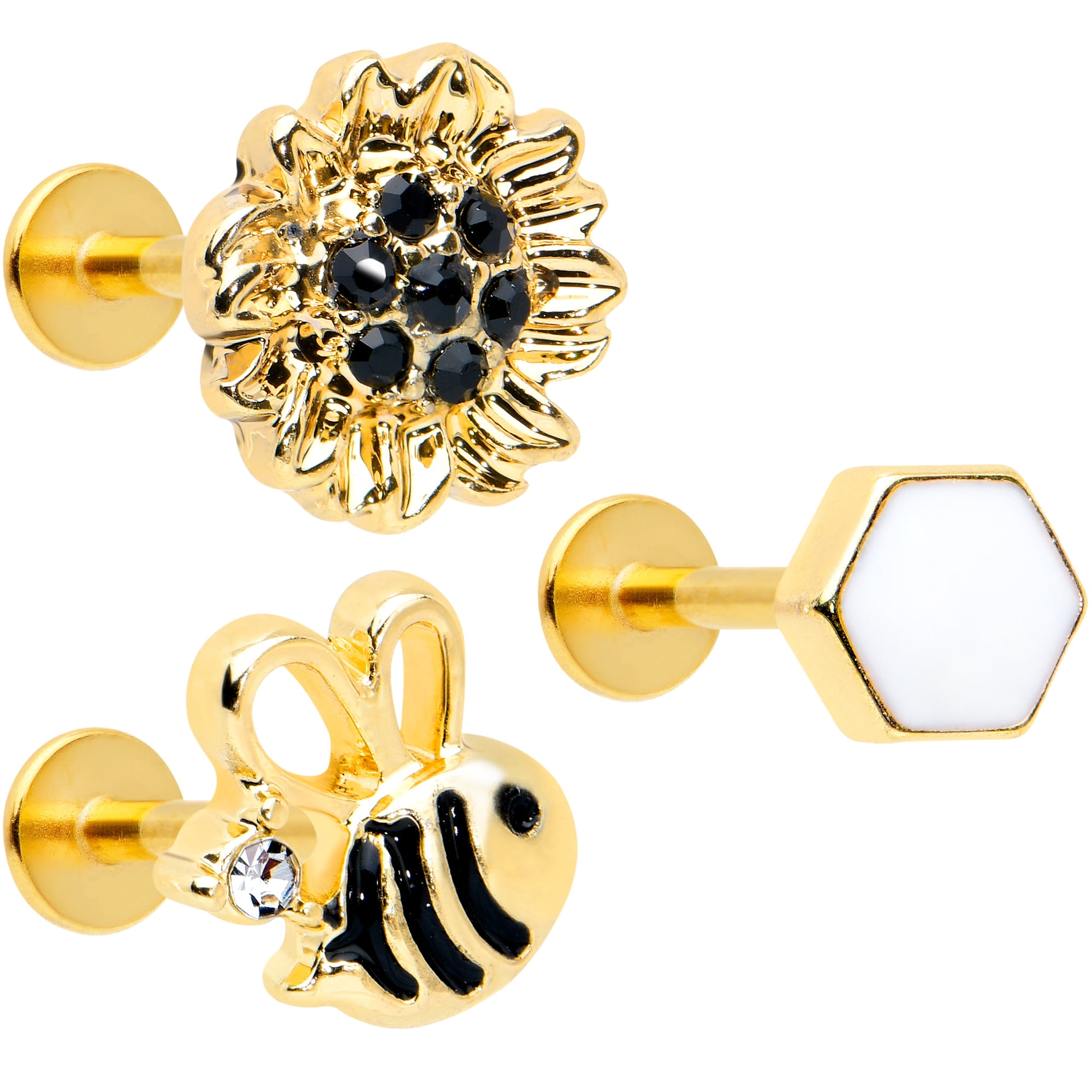 Body Candy 16G Womens PVD Steel 3Pc Black Hive Bees Labret Monroe Lip