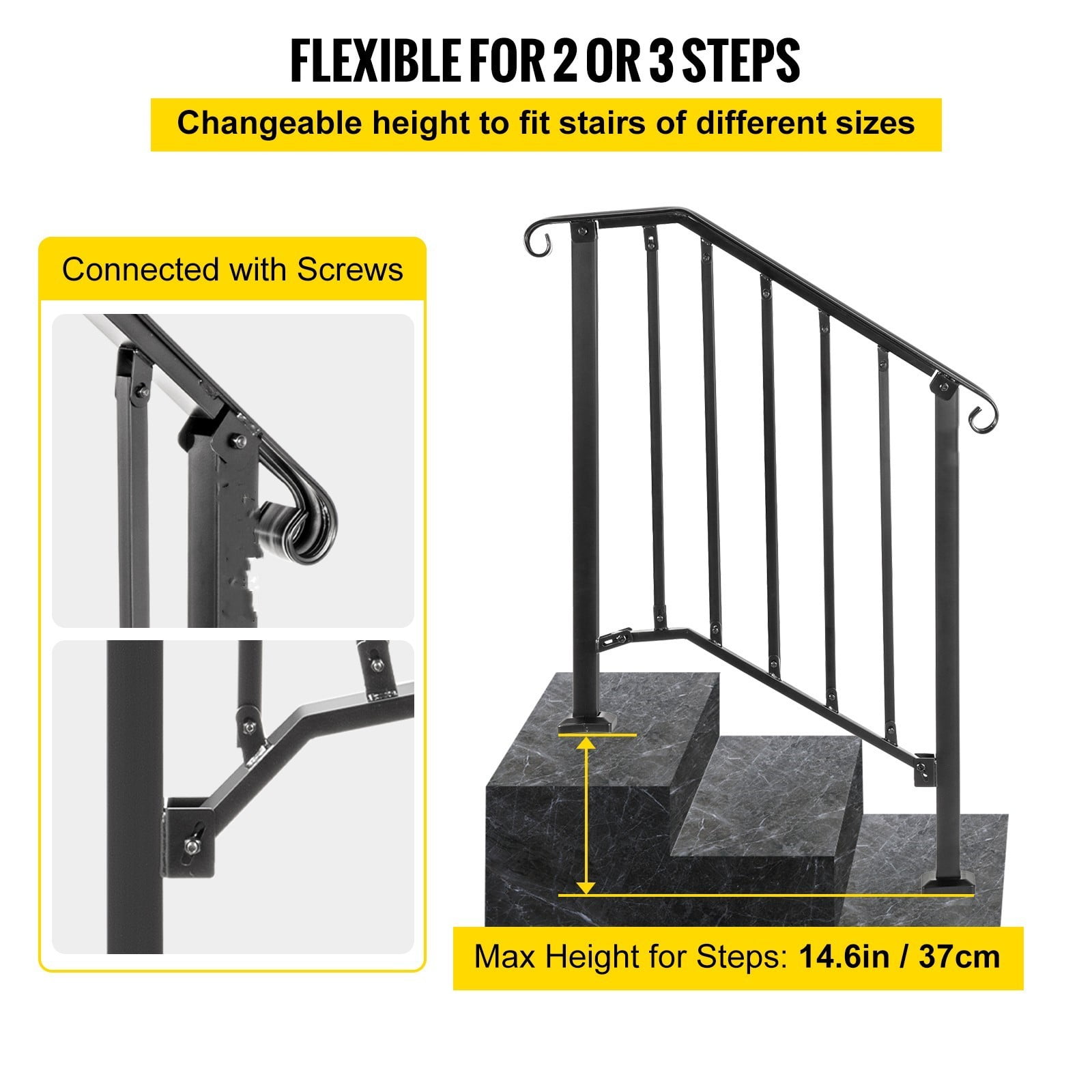 BENTISM Iron Handrail Picket Fits 2 or 3 Steps Stair Railing for Outdoor Garden