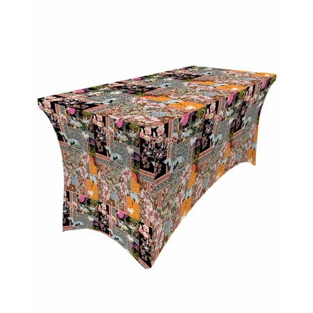 

Table Cloths for 8 foot Rectangle Tables Retro Flower Animal Bird and Fish Splice Pattern Stretch Washable Fitted Tablecloth Protector Picnic Table Cover for Event Wedding Party Banquet