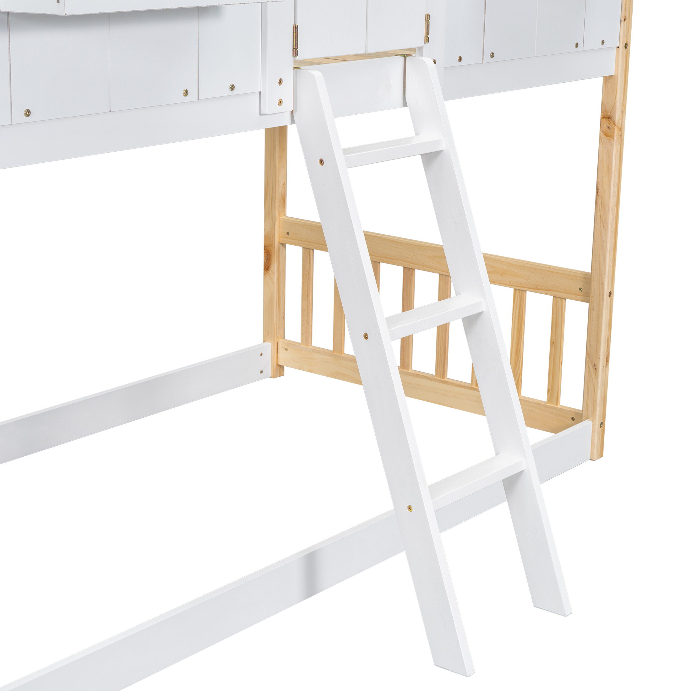 Noble House Twin Over Twin House Bunk Bed, Pine Wood Frame with Safety Guardrails and Ladder, Natural + White