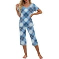 thumbnail image 2 of Aueoeo Women's Sleepwear Capris Printed Pajama Sets Short Sleeve Two-Piece Pjs V Neck Tops & Capris Pants with Pockets Blue XX-Large, 2 of 5