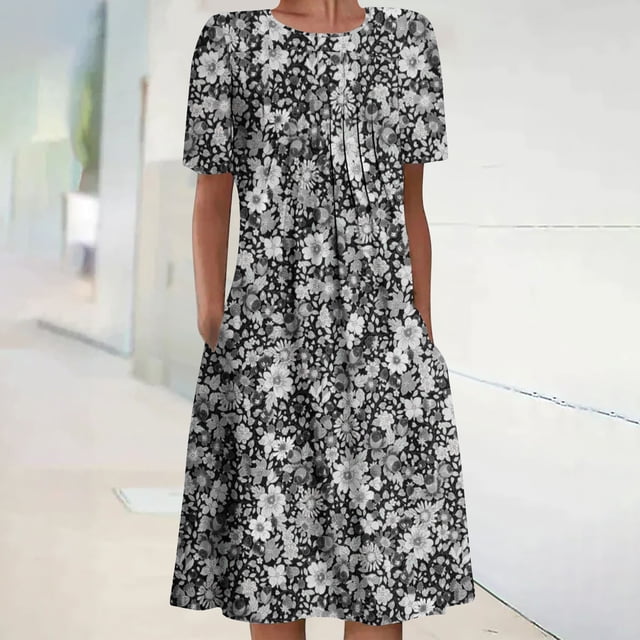 Robe Maxi d'Été Robe d'Été Bohème à Manches Courtes Robe de Plage Robe Longueur Genou Robe à Manches Courtes en Liquidation
