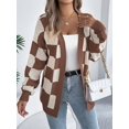 thumbnail image 5 of Women'S Autumn and Winter Contrast Color Plaid Lantern Sleeve Cardigan Sweater Mid-Length Coat Coffee Color M, 5 of 9