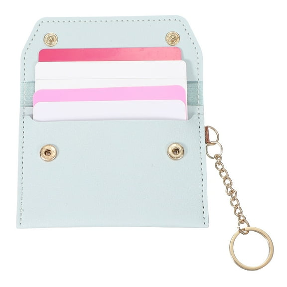 Leather Credit Card Holder, Slim Pocket Wallet for Women for Men with Detachable Keychain, Multi-Functional Dual-snap Card Organizer for ID & Cards(Light Blue)