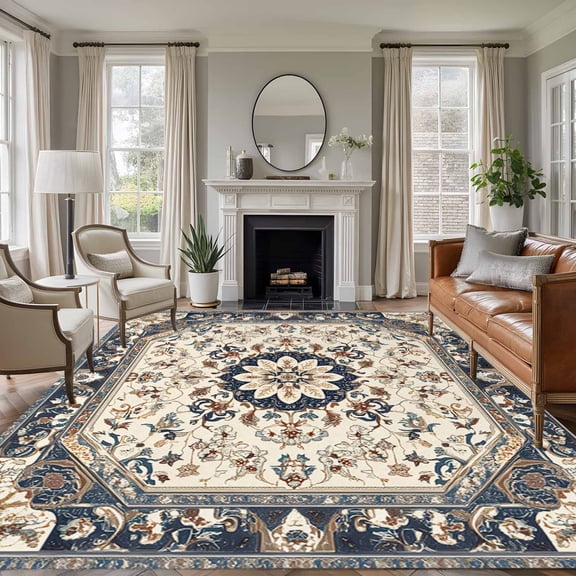 Boho Navy Blue Brown 5'x8' Area Rug for Living Room, Southwestern Retro Geometric Washable Non-Slip Rugs for Bedroom Nursery Dining Room, StainResistant Low-Pile Kitchen Carpet Large Entryway Rugs
