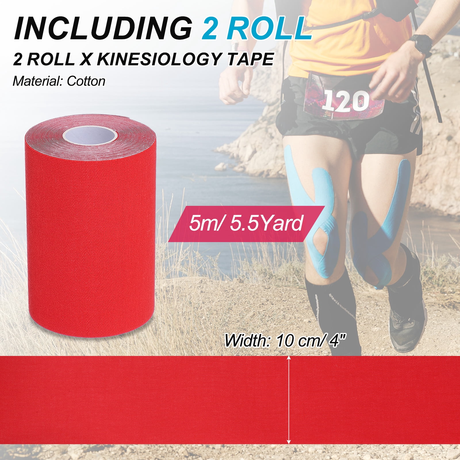 Uxcell Kinesiology Tape, Adhesive Cotton Sports Muscle Support Tape Waterproof Elastic Tape for Knee Ankle Wrist Red