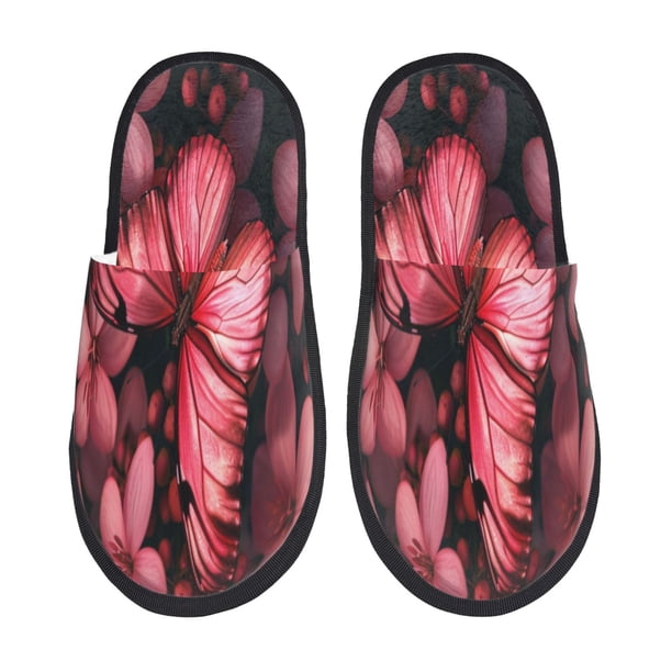Fotbe pink butterfly Pantuflas Peludas para Mujer con Estampado, Zapatillas de Peluche, Zapatos de Invierno para Casa, Uso Interior y Exterior-Large