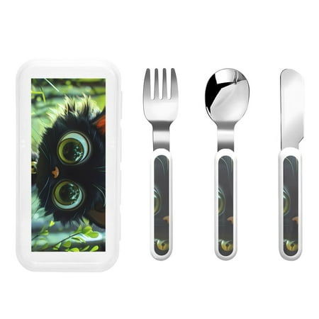 

Rateoe Cute Big-Eyed Black Cat for Stainless Steel Kids Silverware Set - Child and Toddler Safe Flatware - Children s Knife Fork And Spoon Set