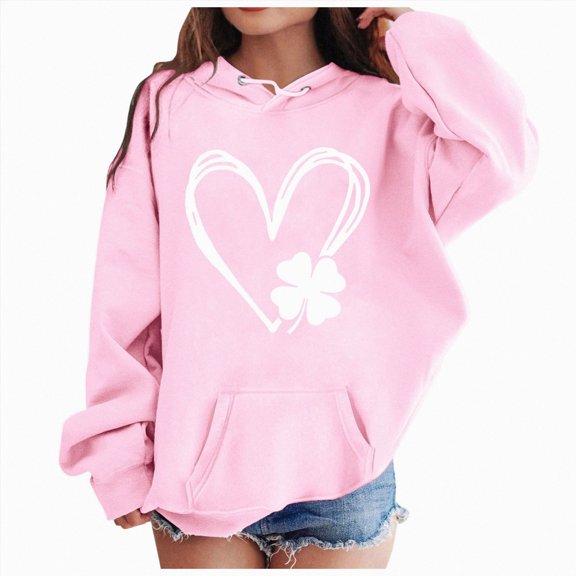 BOBOGOJP Hoodies for Teen Girls Casual Heart Hooded Sweatshirts Oversized Long Sleeve Tracksuit Top Cute School Kids Clothes (Pink, 7-8 Years)
