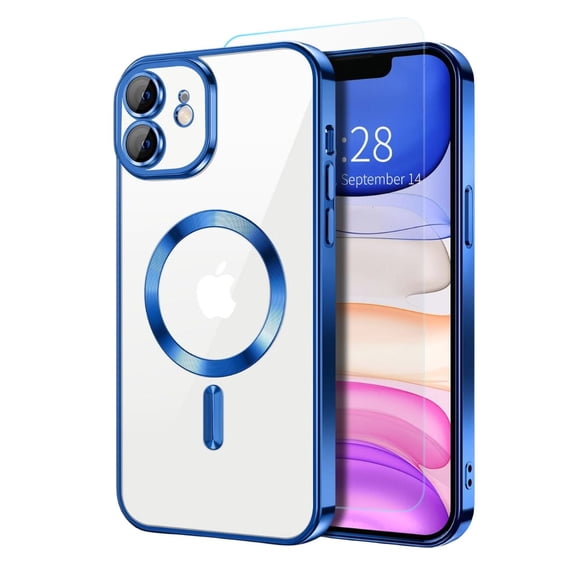 Entronix 2-in-1 Magnetic Shiny Clear Case Compatible with iPhone 11 with Screen Protector, Navy Blue