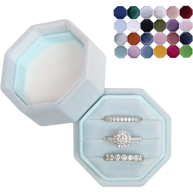 LAICAIW Velvet 3 Slots Jewelry Ring Box Engagement Wedding Box Keepsake Box Bridal Photo Ring Triple Slots Octagon (Powder Blue)