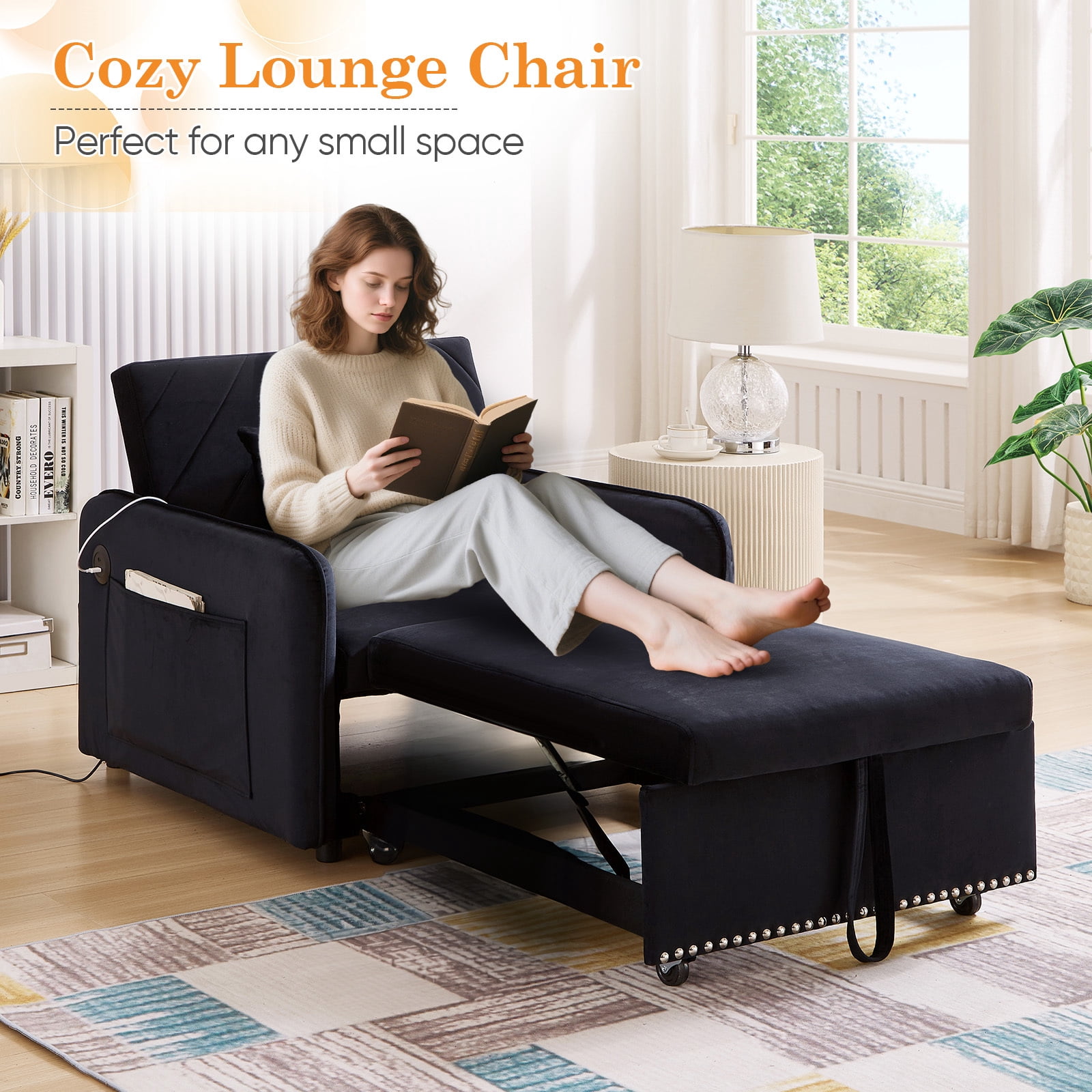 Lunale Convertible Sleeper Chair Bed, Indoor Lounge Chair with USB, Velvet Single Sofa Bed, Black