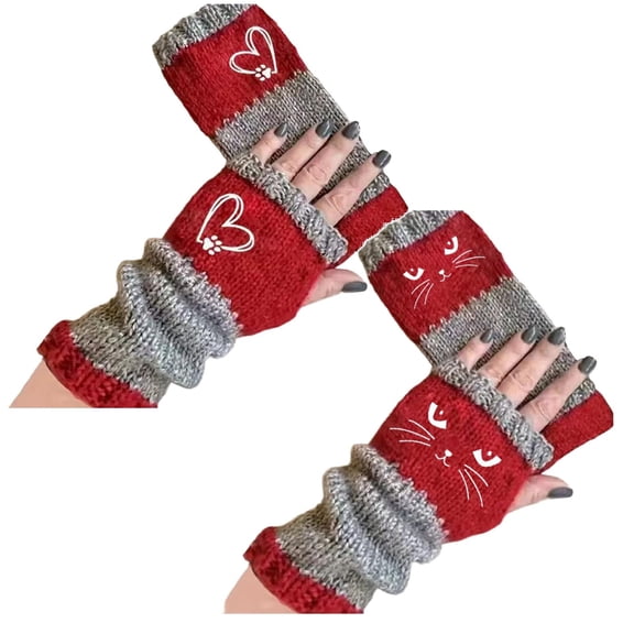 2 Pairs Women's Knitted Fingerless Gloves with Cute Cat Embroidery,Warm & Soft Knit Fingerless Cat Gloves for Women Winter