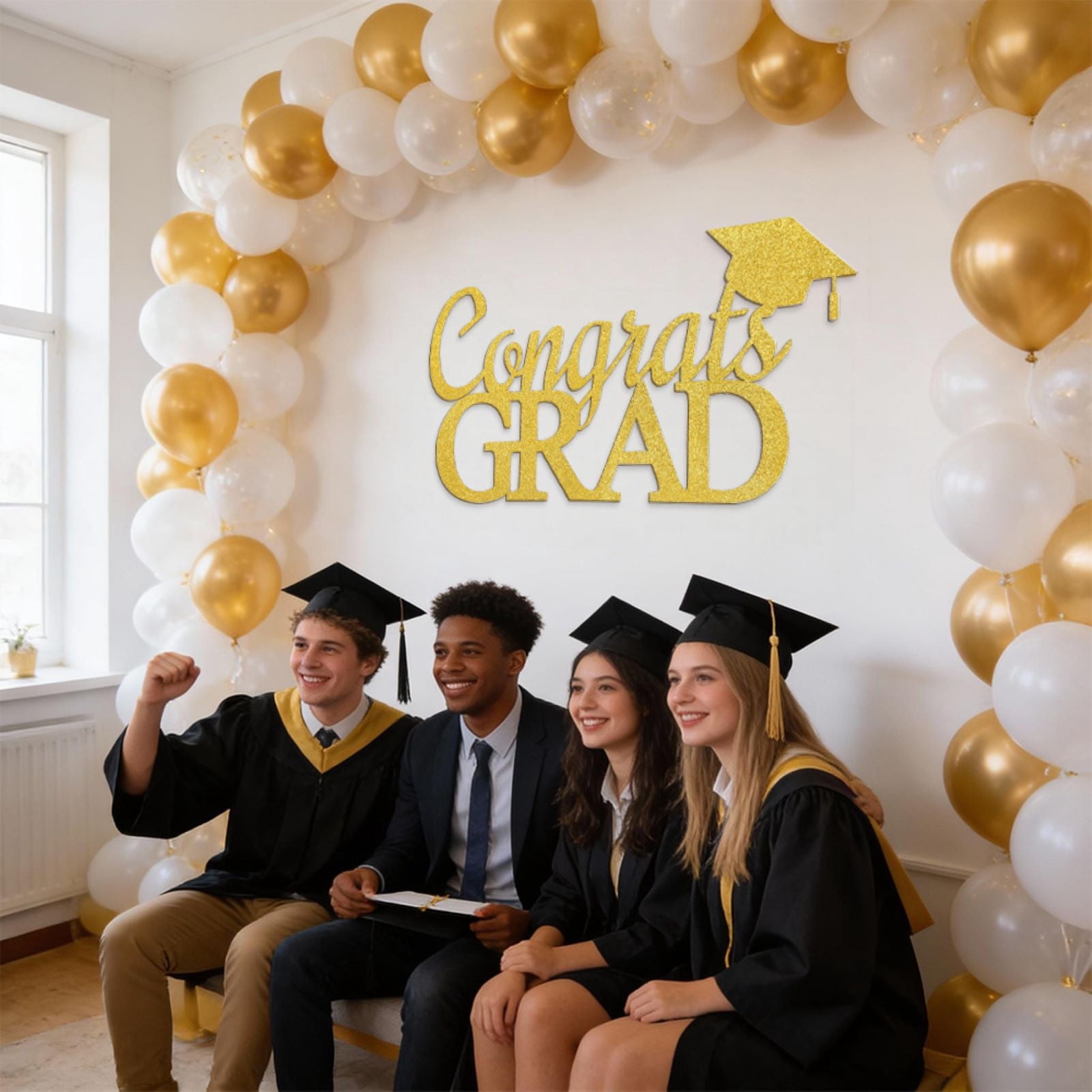 Seyotauo Graduation Party Decorations, Glitter Gold Congrats Sign with Graduation Cap Paper Wall Decals, Stylish Ornament for College Graduation Ceremony and Photo Booth Backdrop Decoration