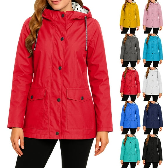JULMCOMO Rain Jacket Womens Waterproof Longsleeve Fall Raincoats Trendy Zip with Hood Windproof Warm Lightweight Plus Size Overcoat with Pocket Red XXL