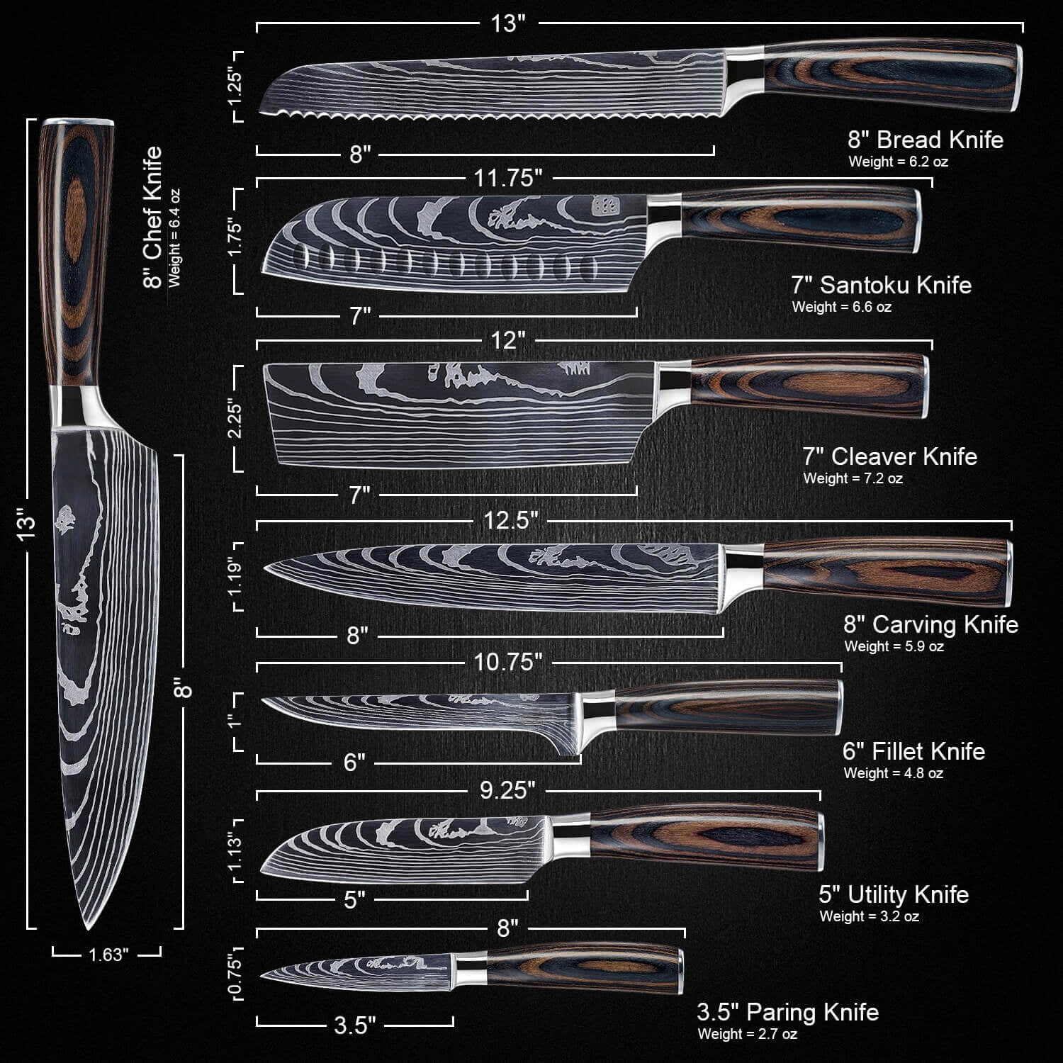 8-piece Premium Japanese Kitchen Knife Set with Laser Damascus Pattern - Imperial Collection - Chef's Knife, Paring Knife, Bread Knife & More