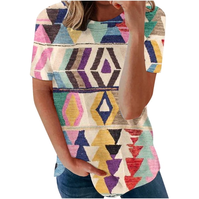 JUNWELL Offres à Moins de 5,00 Chemises pour Femmes Grande Taille Été Mode Féminine Confortable Décontracté Col Rond Manches Courtes Haut Imprimé Blouse