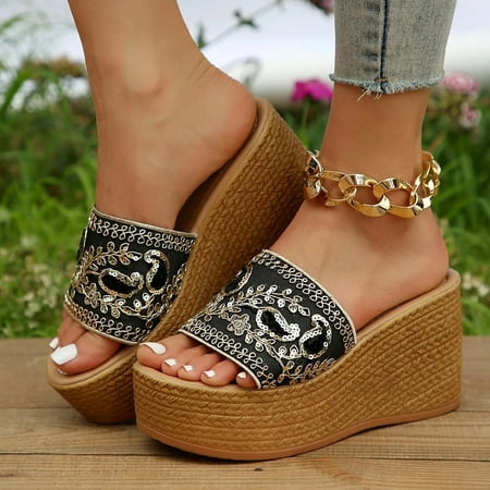 

Ediodpoh Ladies Casual Retro Embroidery Sequin Fabric Thick Bottom Beach Large Size Slope Heel Sandals Slippers Womens Sandals Gold 9(42)