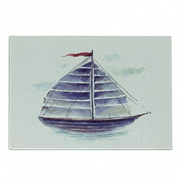 Vintage Boat Cutting Board, Watercolor Art Vibrant Retro Ship Antique Victorian Marine Coastal, Decorative Tempered Glass Cutting and Serving Board, Small Size, Pale Blue and Purple, by Ambesonne