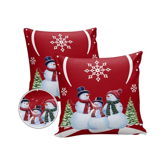 Pack of 2 Outdoor Pillow Covers, Christmas Snowman Xmas Trees in Red Snow Texture Background Waterproof Square Throw Pillowcase Cushion Decorative Pillow Covers for Couch Patio Tent, 16x16 in