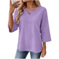 thumbnail image 2 of Tusihei Women V Neck 3/4 Sleeve Casual Tops Loose Fit Boho Pullover Tee Solid Basic Comfy Summer Fall Outfits Beach Blouse, Purple L, 2 of 8