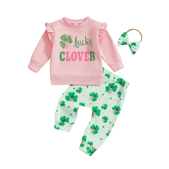 Baby Toddler Girl 3Pcs Spring Outfits 3 6 12 18 24 Months 2T 3T Long Sleeve Sweatshirt Shamrock Pants Headband Set Toddler Clothes