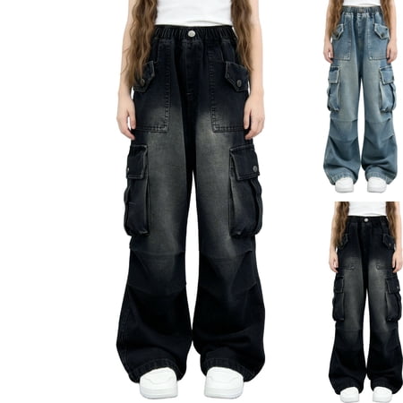 LEKWK Kids Cargo Pants Multi Pocket Wide Leg Denim Jeans for Girls Elastic Waist Washed Denim Trousers Outdoor School Utility Trousers Apparel