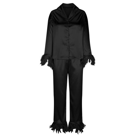 Fall-Winter Womens 2 Piece Long Sleeves Pajama Sets Women's Home Pocket Printed Pajama Set for Daily Home Wear