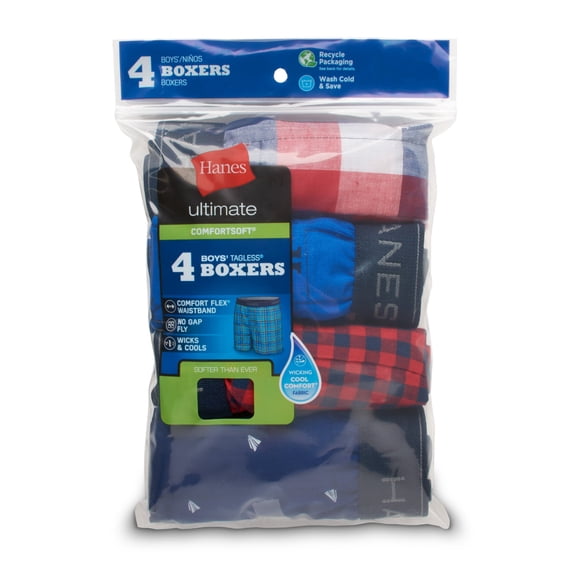 Hanes Ultimate ComfortSoft Boys' Woven Boxer Underwear, Assorted, 4-Pack Prints/Plaids S