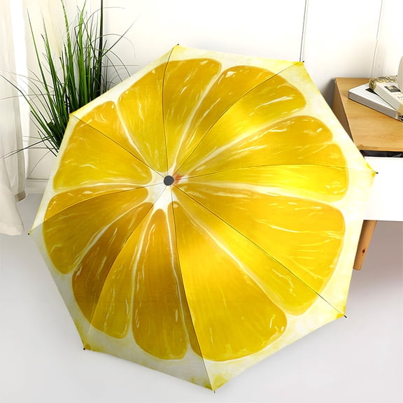 Yellow Lemon Slice Print Automatic Folding Umbrella, Portable 8-Rib Windproof Rain Umbrella for Outdoor, Travel, and Daily Use