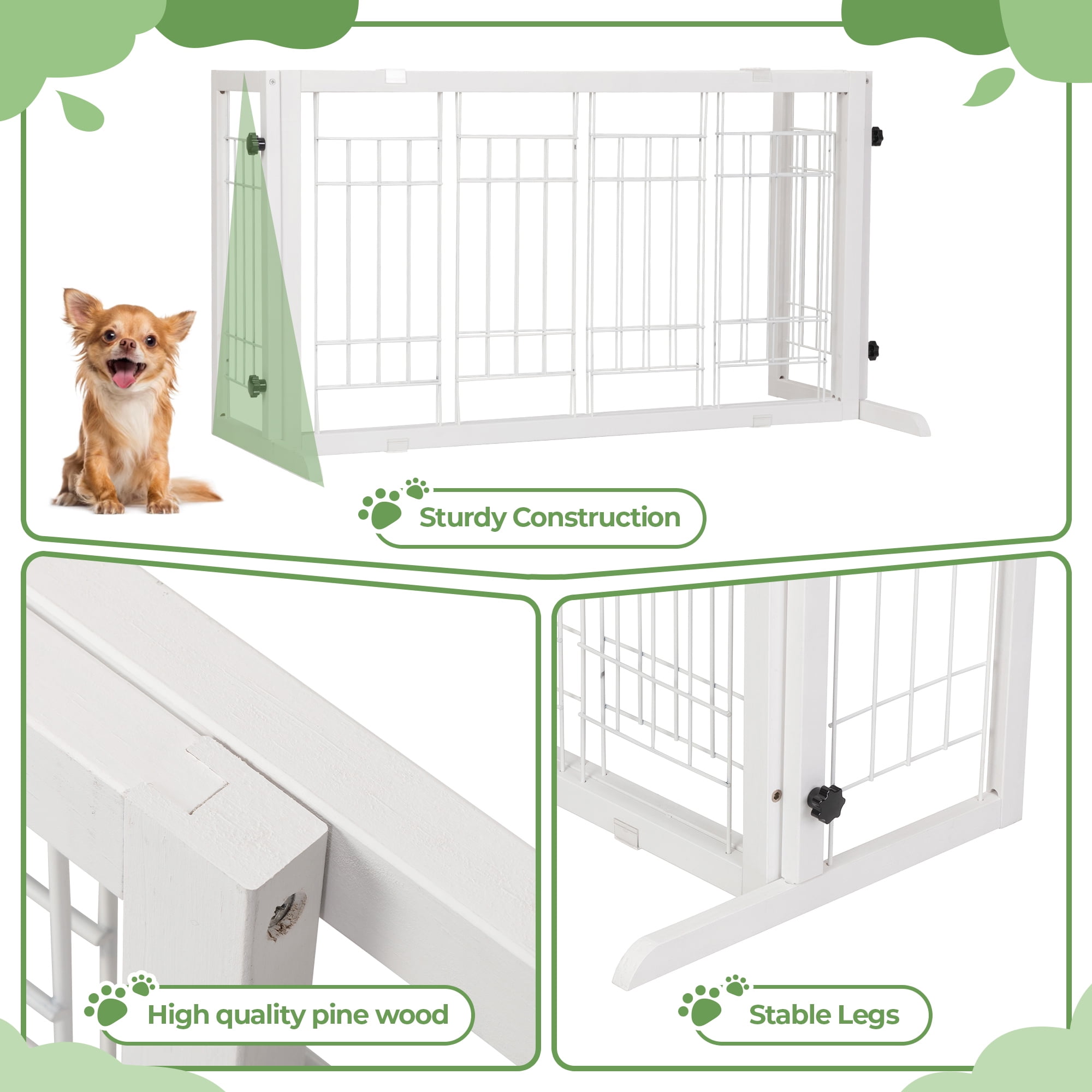 Coziwow Freestanding Wood Pet Gate, 38"-71" Sturdy Solid Wood Dog Gate for The House, Doorway, Stairs, Pet Puppy Safety Fence, White