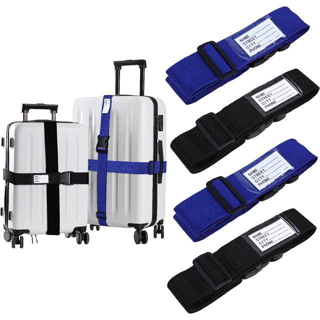 Juego de 4 correas ajustables para maleta con etiqueta de identificación, accesorios de viaje, correa para maleta para cierre seguro