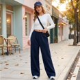 thumbnail image 3 of Sorvello Womens Solid High Rise Wide Leg Lounge Pants Elastic Pull On Waist Side Pockets Full Length Casual Sweatpants Navy 2XL, 3 of 6