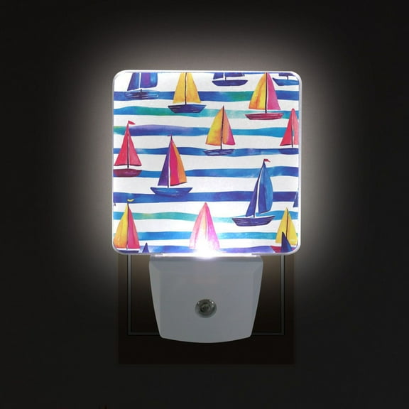 Yayeee LED Plug in Night Light for The Home with Auto Dusk to Dawn Light Sensors, 2 Pack, Blue Hand Drawn Sailboats