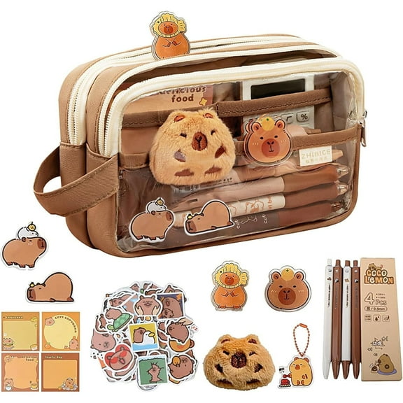 Cute Capybara Pencil Case, Stationery Pouch Set with 10 Stickers,2 Brooches,1 Doll,1 Clip,1 Notepad,1 Keychain,4 Pens, Capibara