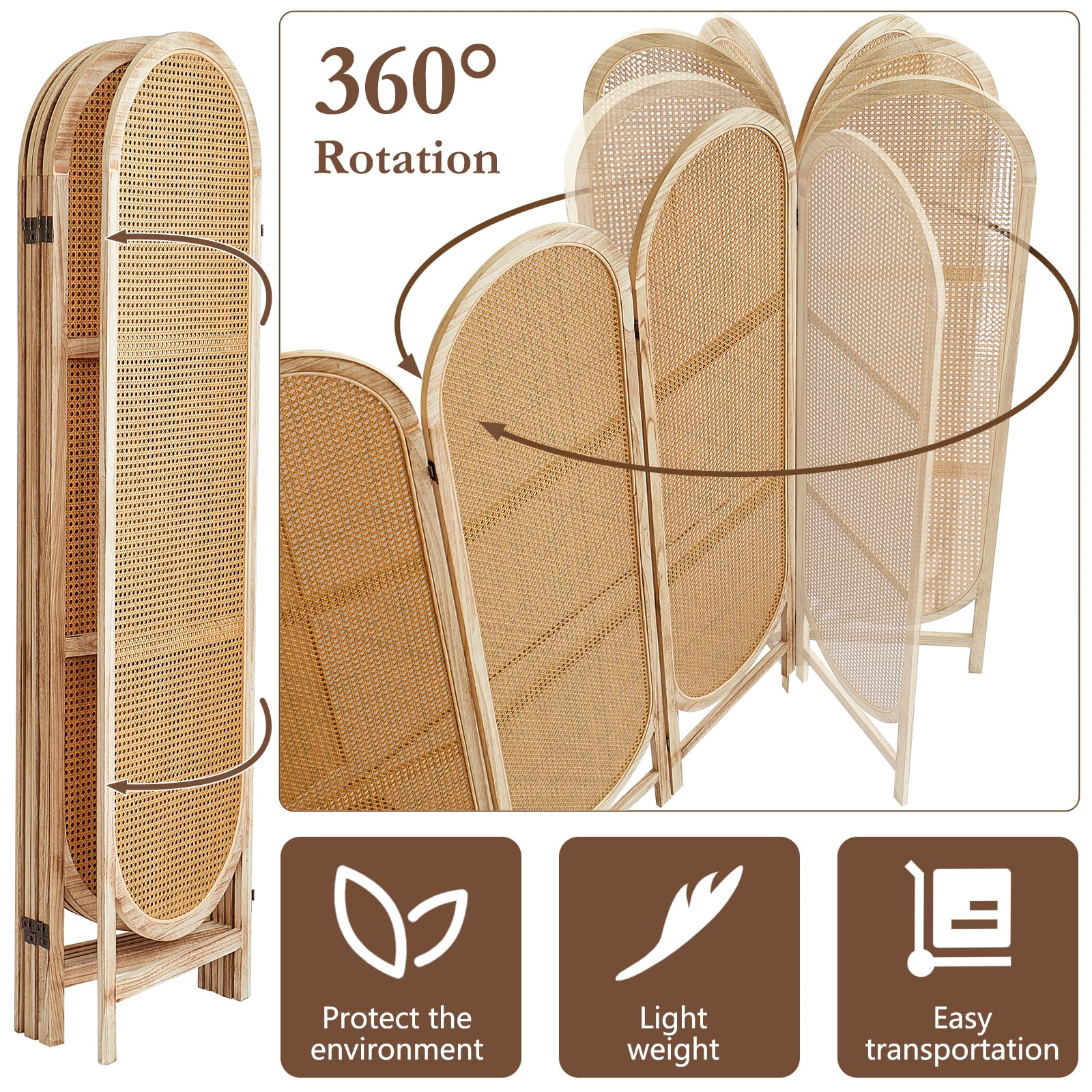 ALeesing 6 Panels Wood Rattan Room Divider, Folding Privacy Screens, No Installation, Light Brown