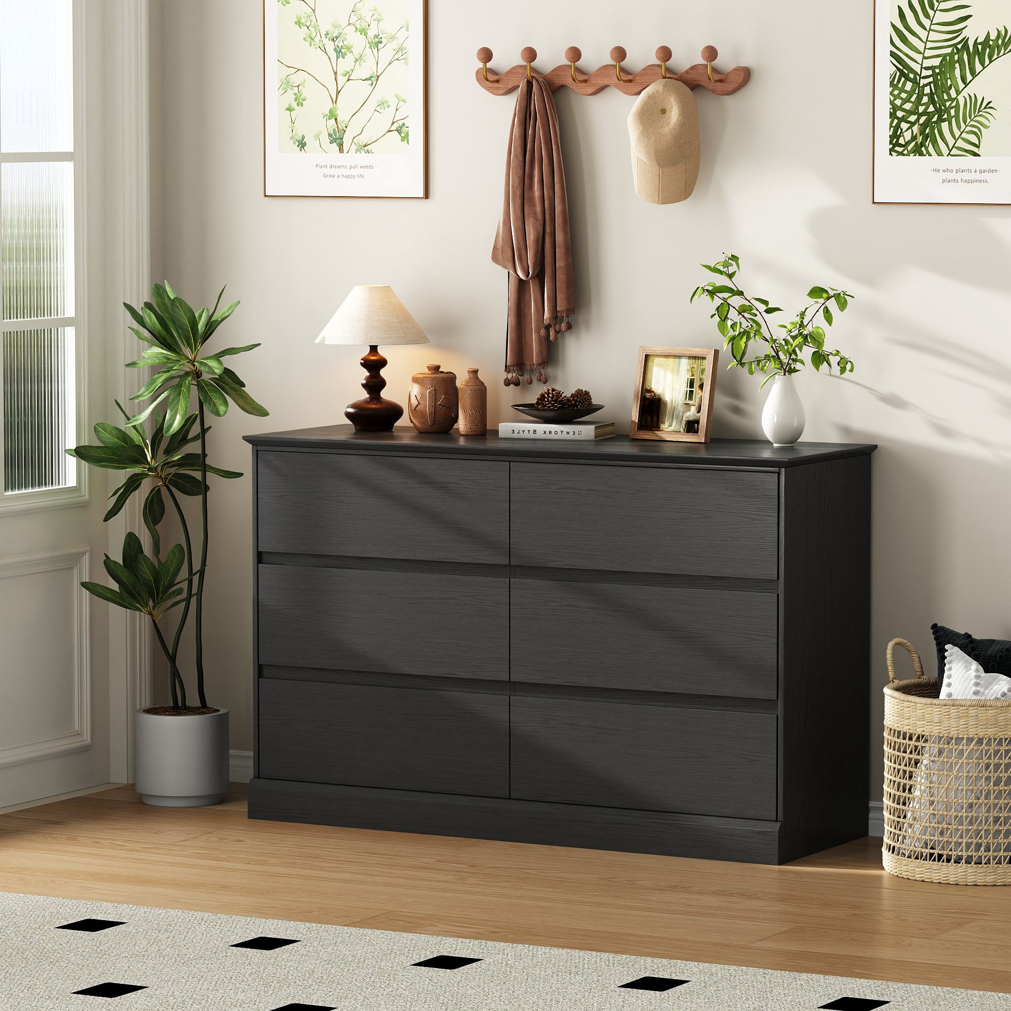 6 Drawer Dresser for Bedroom, White Dresser Double Chest of Drawers, Modern Wood Dressers with Deep Drawers for Living Room,Black