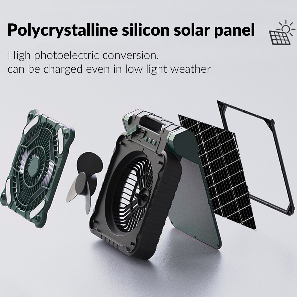 Solar Camping fan, 10000mAh Camping Fan with Solar Panel, LED Light, 4 Speeds 3 Timers Pivot 90 , USB Rechargeable Solar Powered Fan for Camping, Fishing, Travel