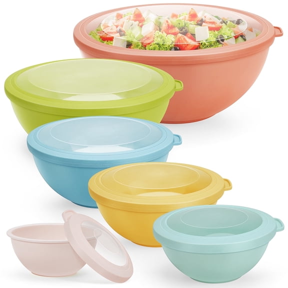 Vesteel 6Pcs Mixing Bowl Set with Lids, Plastic Nesting Bowls for Mixing, Storage, Kitchen Prepping, Serving Food, Microwave & Dishwasher Safe - Multi-color