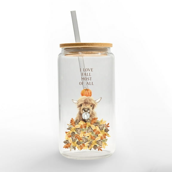 Creative Products Autumn Cow Leaf Pile 16 oz. Glass Can Cup