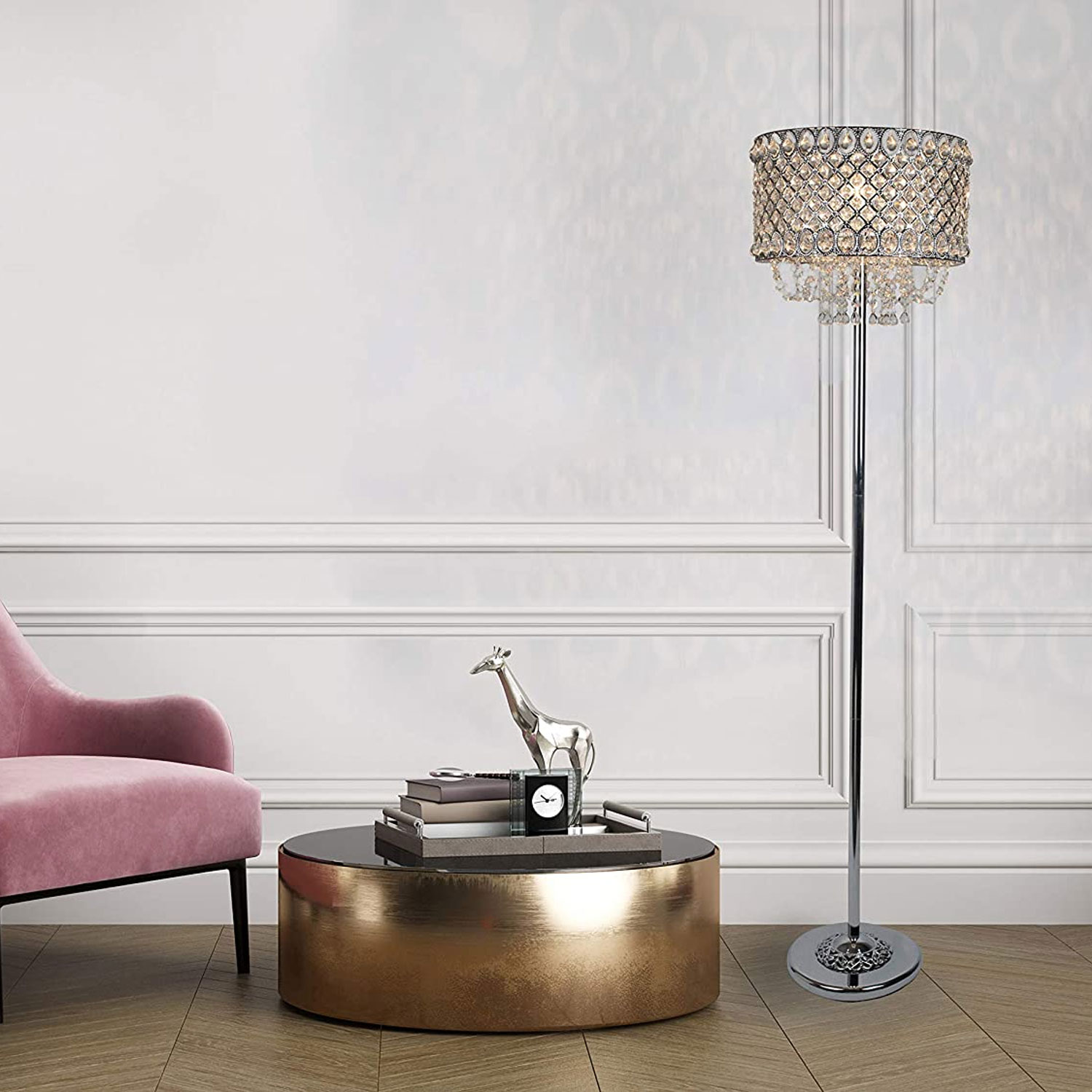 Grandview Gallery 60 Inch Tall 100W Crystal Shade Floor Lamp, Chrome