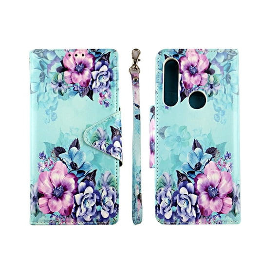 Flower on Blue Case for Motorola G Power 2020 Wallet Cover Flap Magnetic Closure Snap-on Book Style Cases Card Holders Folio Standing Wrist Strap Fashion Flip Pu Leather
