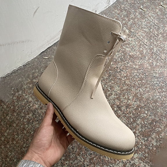 Pandaie Mid Calf Snow Boots for Women Lace up Pull on Flat Heel Round Toe Winter Booties Warm Waterproof Fleece Lined Ankle Booties Beige 8