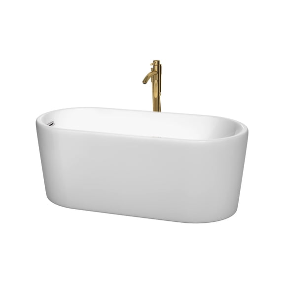Ursula 59 Inch Freestanding Bathtub in White with Polished Chrome Trim and Floor Mounted Faucet in Brushed Gold
