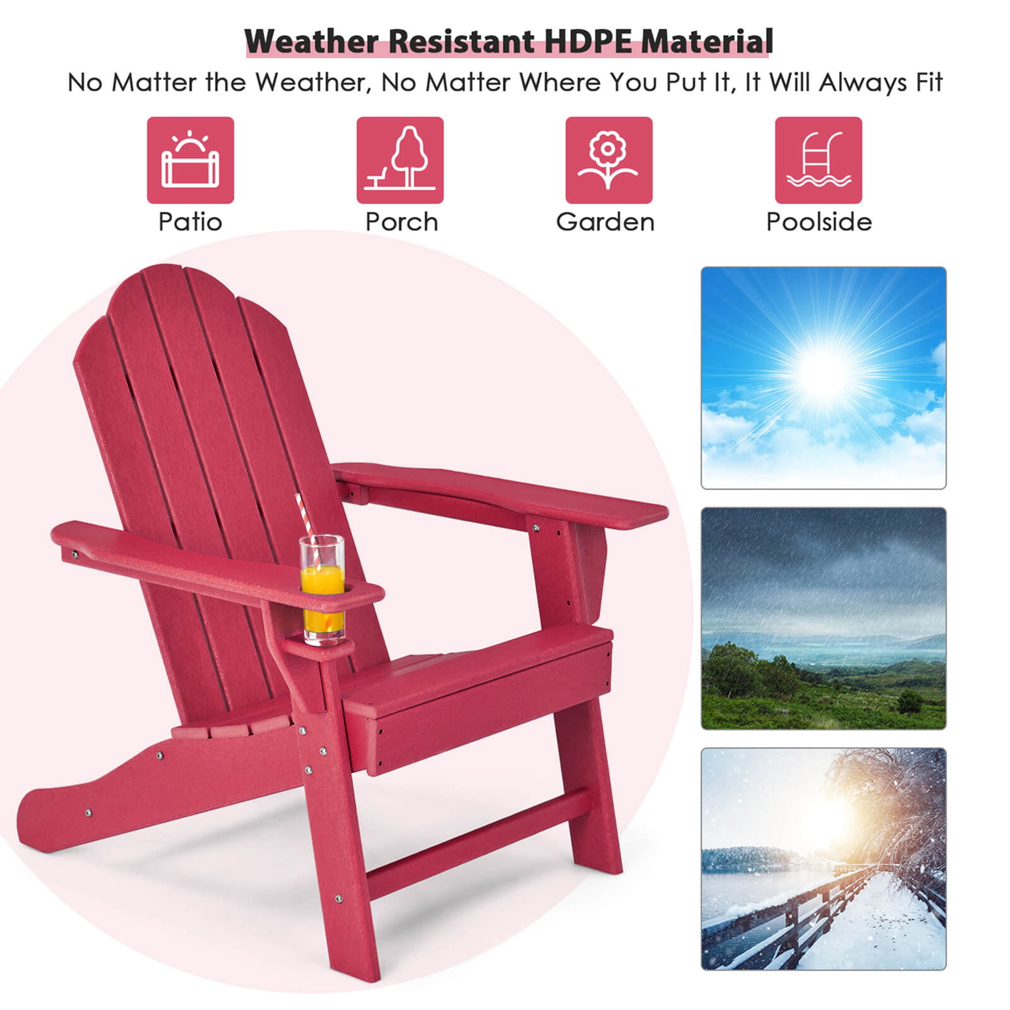 Costway 2 PCS Patio Adirondack Chair Weather Resistant Garden Deck with Cup Holder Red