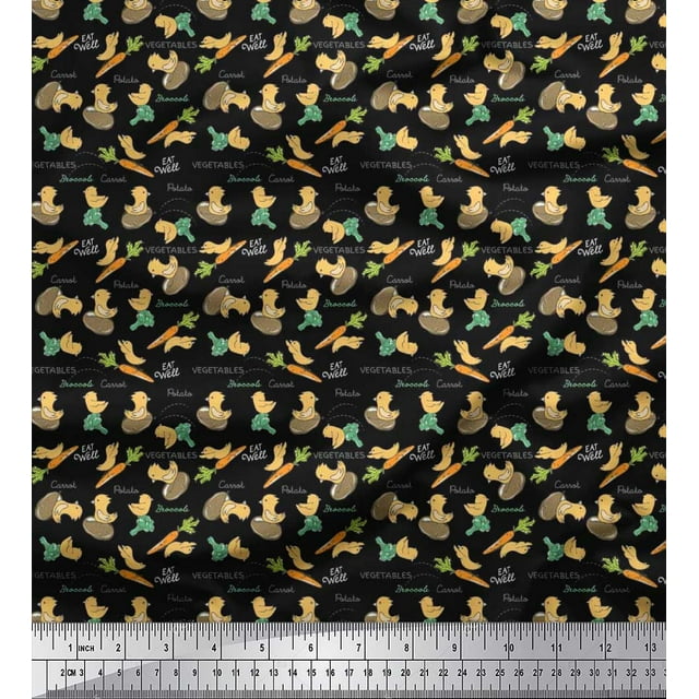 Soimoi Poly Georgette Fabric Bird,Carrot & Potato Vegetable Print Fabric by The Yard 52 Inch Wide