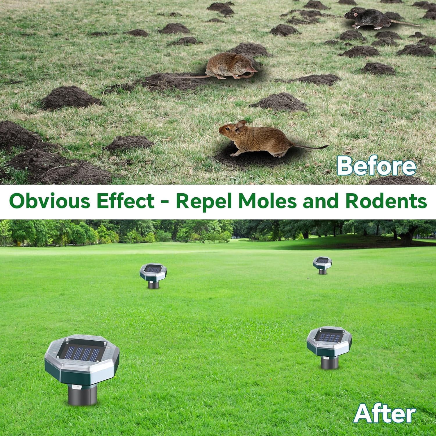 2026 Mole Repellent Solar Powered Stakes, Ultrasonic Outdoor Pest Repeller for Lawns & Gardens, Deer Deterrent, Green – 3 Shapes